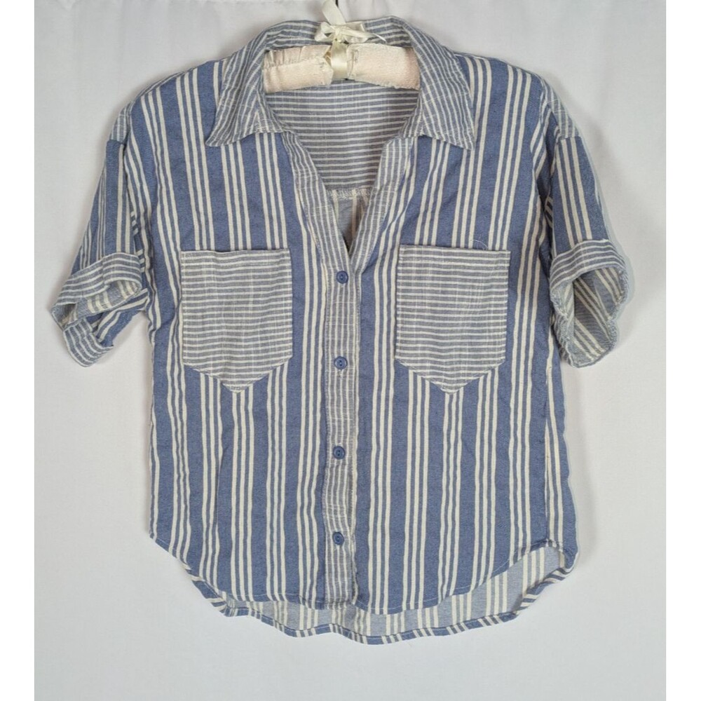 Julia J Size M Blue White Stripe Short Sleeve Button Down Utility Shirt Top